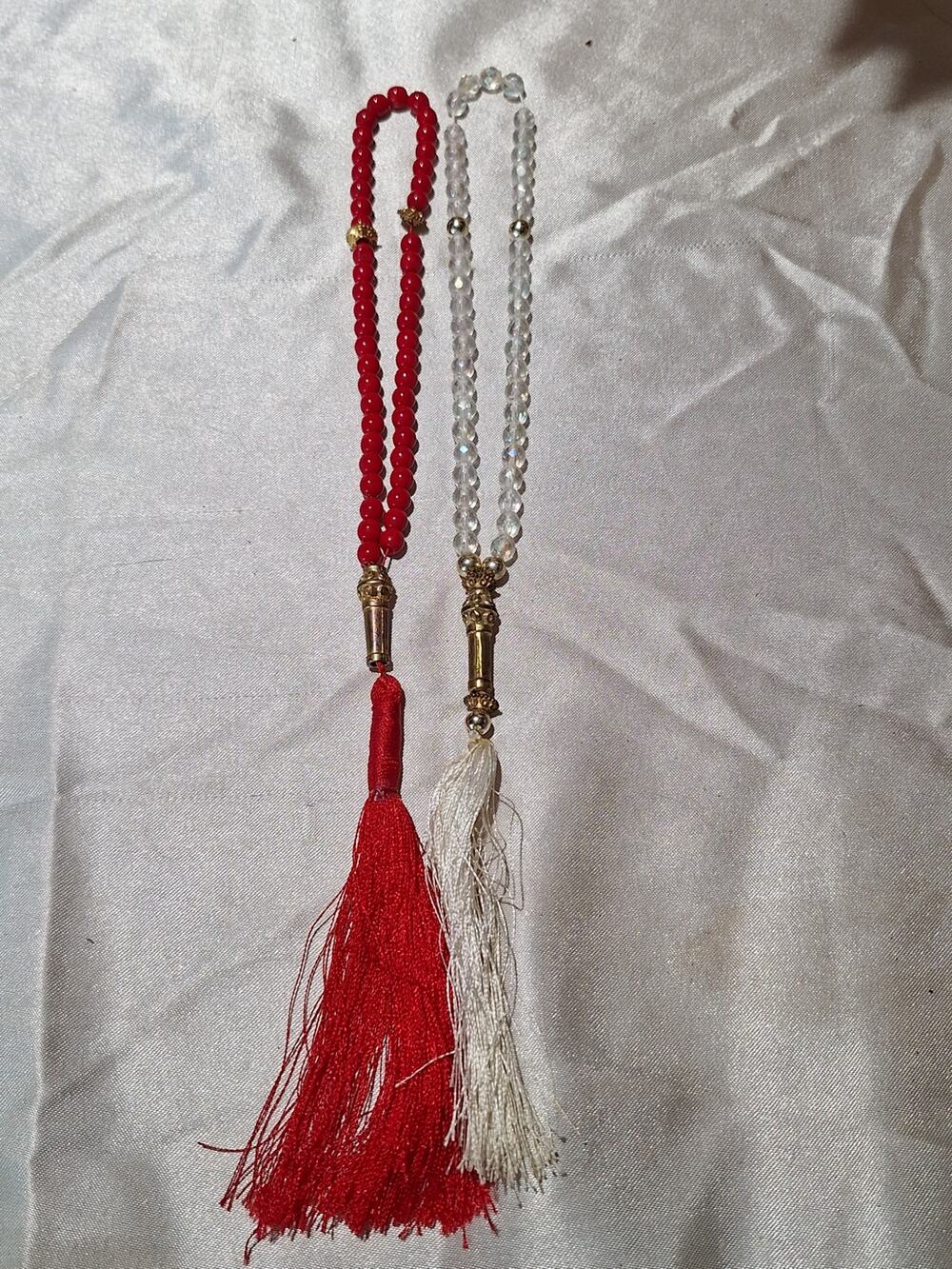 Pair 33 Bead Islamic Prayer Beads Tasbih Misbaha Red/Clear Tassels w/Case
